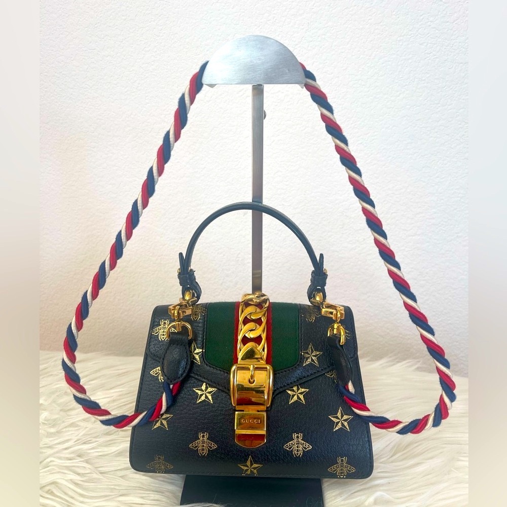 Gucci Sylvie Black and Gold Bee Stars Bag with Braided Strap 2-Way Handles - Picture 5 of 11